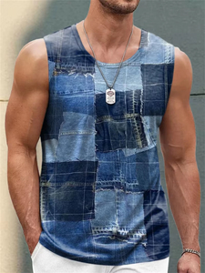 เสื้อกล้ามผู้ชายคุณภาพดี ลายกราฟิกสไตล์เรโทร แต่งผ้าเดนิม สำหรับฤดูร้อน แฟชั่นเสื้อแขนกุด พิมพ์ลาย 3 มิติ สไตล์ลำลอง - Product Image 3