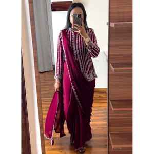 FANCY BLOOMING RANGOLI SILK <b>WITH</b> LACE READY to WEAR <b>SAREE</b> <b>WITH</b> STITCHED <b>JACKET</b> PINK - Product Image 1