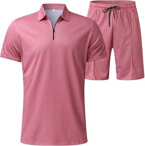 Men's Pink Solid Quarter-Zip Embroidered Polo Shirt and Shorts <b>Set</b> Quick Dry <b>Knitted</b> Formal Summer Wear - Product Image 1