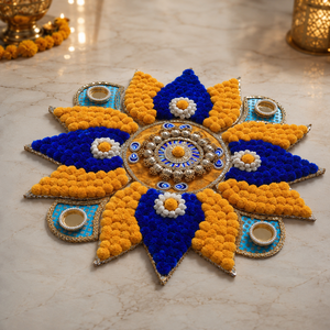 Decoración Rangoli Hecha a Mano para Diwali con Flores de Pompones, Espejos y Soporte para Diya, para Decoración Festiva del Hogar - Product Image 3