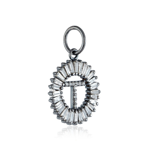 Pave Diamond <b>Initial</b> T Charm Oxidized 925 <b>Silver</b> Baguette Diamond Alphabet Pendant <b>Necklace</b> Unisex Jewelry Wholesale - Product Image 2