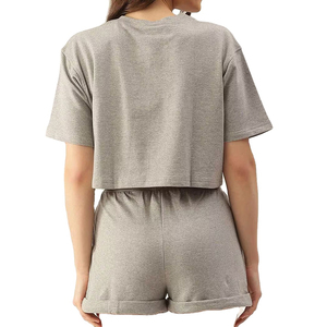 Customized Logo Breathable Women's 2 Piece Sports <b>Set</b> <b>Knitted</b> Short Sleeve Crop Top With Shorts Solid Color - Product Image 3