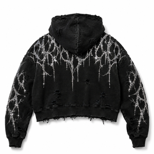 Sweat-shirt à capuche court noir personnalisé pour homme, avec strass, motif éclair et effet déchiré, style streetwear, pour grossistes - Product Image 2