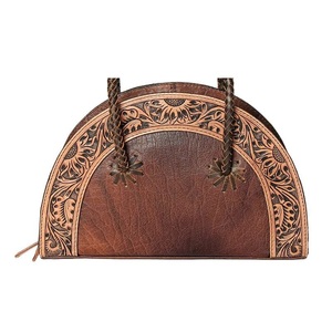 Western <b>Brown</b> Leather Hand Tooled Floral Tote Handbag Braided Handles Cowgirl Shoulder Purse Rustic Style - Product Image 2