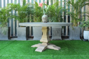 Ensemble table à manger ronde moderne 6 places en béton gris classique avec pieds en bois d'acacia - Product Image 3