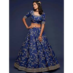 Glowing Blue Embroidered Silk Plus Size <b>Lehenga</b> Choli for Engagement - Product Image 3