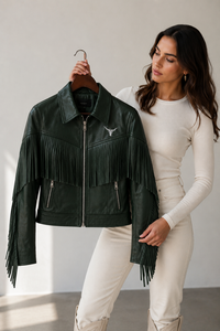 Men's Genuine Leather Fringe <b>Jacket</b> Forest Green <b>Western</b> Cropped Eco-Friendly Anti-UV Custom Logo OEM ODM Wholesale Bulk - Product Image 4