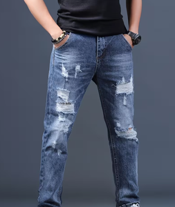 Jeans de Mezclilla para Hombre, Corte Slim Fit, Cintura Media, Desgastados, Estilo Casual, Pierna Recta, Algodón, Azul, para Otoño - Product Image 4