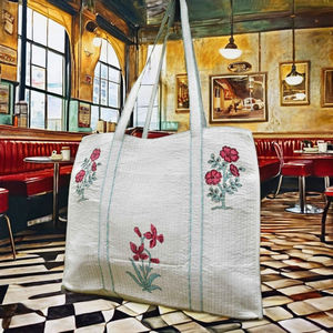 Sac fourre-tout d'été bohème à fleurs pour femme indienne, avec fermeture éclair, poche matelassée unique, organiseur de cosmétiques, en pur coton, imprimé sérigraphié - Product Image 4