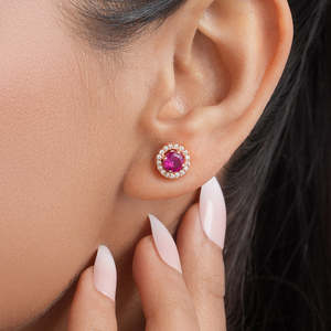 Pink Solitaire Halo Rose Gold Plated 925 Sterling <b>Silver</b> <b>Stud</b> Earrings - Product Image 4