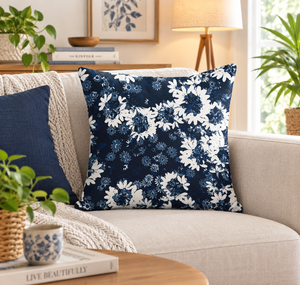 Housse de coussin imprimée en coton lavable, motif floral bleu marine et blanc, style moderne, anti-déchirure, pour la maison et l'hôtel - Product Image 5