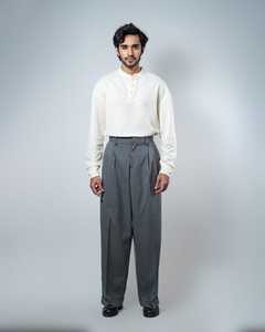 <b>Men's</b> Grey <b>Pinstripe</b> Pleated Wide Leg Formal Elastic Waist <b>Trousers</b> Wholesale OEM ODM Cuffed Hem Business Casual Bulk - Product Image 2