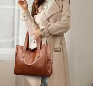 Classic Genuine Leather Waterproof <b>Zipper</b> <b>Tote</b> <b>Bag</b> Large Capacity Open Top Two Handles Shoulder Strap Unisex Daily Use Brown - Product Image 5