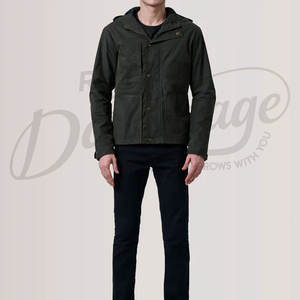 Veste en toile cirée vert foncé pour homme, résistante à l'eau, à capuche, veste de plein air décontractée, coupe ajustée, veste de terrain en toile de coton - Product Image 5