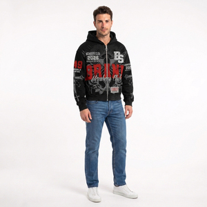 Sweat à capuche zippé noir vintage pour homme, coupe oversize, style streetwear, motif imprimé ailes d'ange et croix, collection automne 2026 Members Club - Product Image 4