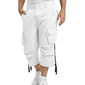 Shorts noirs pour hommes avec plusieurs poches, taille mi-haute, en toile de coton, style décontracté, fermeture boutonnée - Product Image 3