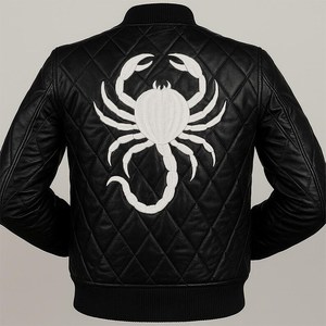 Black PU Leather Scorpion <b>Coat</b> Men's Quilted Gothic Winter Jacket with Stand Collar and Front Logo Handmade - Product Image 1