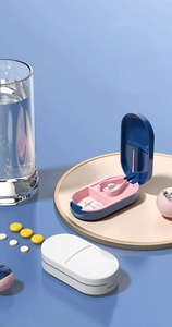 Boîte de rangement portable pour pilules avec coupe-pilules, bleu rose, double compartiment pour l'organisation quotidienne des médicaments - Product Image 2