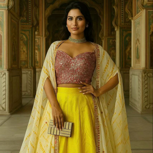 Lehenga en soie flammée Kasturi d'inspiration rajasthani avec chemisier feuille de travail miroir et travail du fil/Georgette koti avec imprimé Shibori - Product Image 2