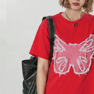 เสื้อยืดทรงหลวมปักลายขาดๆ สไตล์ดรอปโชลเดอร์ สำหรับผู้หญิง ใส่ได้ทุกวันช่วงฤดูร้อน คอกลม โอเวอร์ไซส์ - Product Image 2