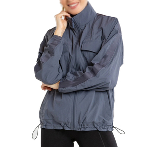 <b>Women's</b> Windproof Full Zip Stand Collar <b>Jacket</b> Solid Color <b>Utility</b> Style Drawstring Hem Regular Length Woven Polyester Material - Product Image 1