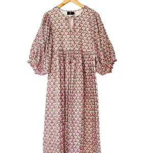 Pink Green Mughal Lotus Maxi Casual Dress for Womens closed neck Cotton Women Dress from Indian Manufacturer and Exporter