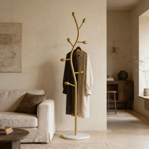 Appendiabiti Autoportante in Metallo Dorato con Base in Marmo, Stand Multiuso per Cappotti e Cappelli da Camera da Letto - Product Image 1