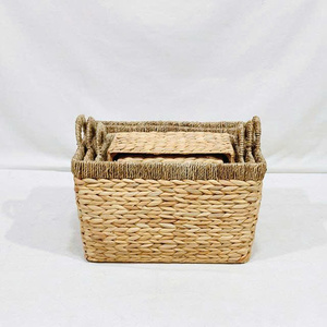 Natural Water Hyacinth Mix Seagrass Eco-Friendly Rustic <b>Rectangle</b> Frame <b>Storage</b> <b>Basket</b> Set Handles for Home Laundry Organizing - Product Image 3