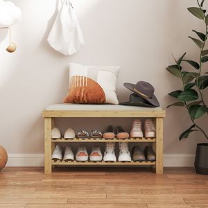 Cream White 3-Tier Bamboo Shoe <b>Storage</b> Bench with <b>Cushion</b> Entryway Hallway Shoe Organizer - Product Image 2
