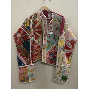 Vestes courtes brodées à la main avec motifs floraux Kantha, col mandarin, manches trois quarts, veste courte pour femmes, vêtements de printemps - Product Image 3