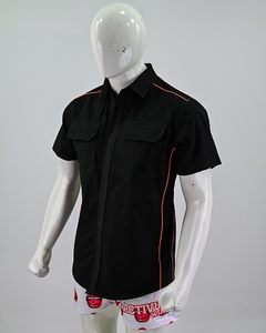 Chemise de travail pour homme à manches courtes, noire, boutonnée, uniforme, double poche poitrine, passepoil contrastant, logo personnalisé, vente en gros - Product Image 2