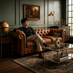 Traditional Chesterfield <b>Sofa</b> Genuine Leather Three Seat Tufted Back Rolled Arms <b>Wood</b> Legs Living Room Furniture Leather <b>Sofa</b> - Product Image 3
