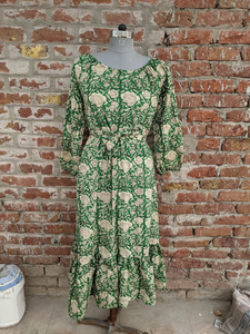 ชุดเดรสพิมพ์ลายด้วยมือ ผ้าฝ้ายอินเดีย ชุดเดรสผ้าก๊อซสไตล์โบฮีเมียน ชุดเดรสลายดอกไม้ คอทรงโอ แขนยาว ชุดเดรสยาวพิมพ์ลายดอกไม้ - Product Image 1