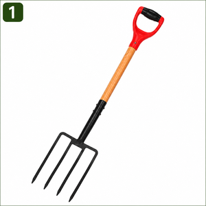 Fourche à main de jardin en fonte |   Outil de creusement à quatre dents avec manche en bois pour la culture du sol, le jardinage, l'aménagement paysager, utilisation en extérieur - Product Image 1