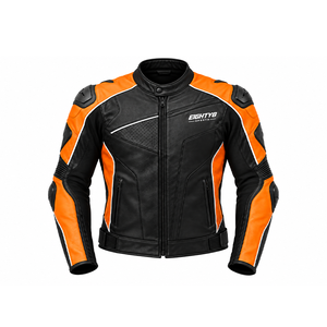 Chaqueta de motociclismo de cuero negra y naranja personalizada para hombre con armadura en hombros y codos y respaldo aerodinámico. - Product Image 2