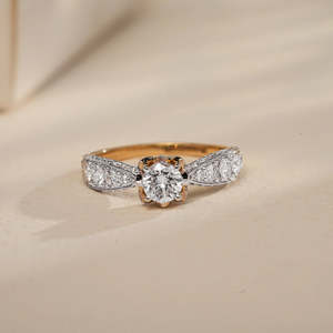 Elegant Yellow Gold Diamond Engagement Ring with Round Cut Center <b>Stone</b> and Pavé Diamond Band – Luxury Wedding Ring for Women - Product Image 3