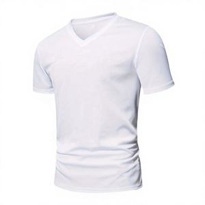 Mens <b>White</b> <b>V</b>-<b>Neck</b> 100% Polyester Slim Fit Short Sleeve Breathable Jersey Knit Casual Solid Color Front Logo Tee - Product Image 1