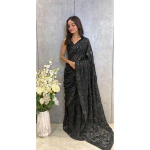 Georgette Sequence Bordado Lace Border Work Saree con blusa sin costuras Vestido atractivo negro - Product Image 1