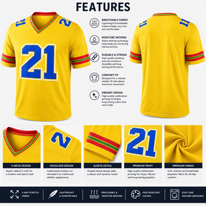 Maillot de football américain jaune pour homme, col en V, manches courtes, numéro 21 imprimé, respirant, coupe classique, léger, pour adulte - Product Image 5