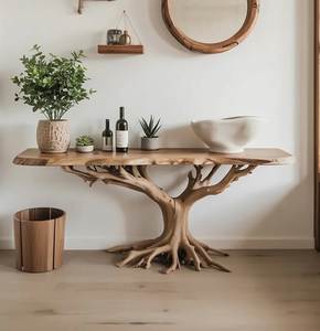 Mesa consola de tocador con base de lavabo de madera maciza de tronco de árbol, estilo artístico, color marrón natural, decoración moderna de granja, tablero de mesa - Product Image 1