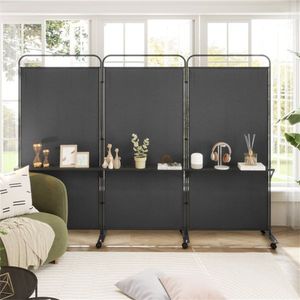 Cloison de bureau pliante à 3 panneaux avec roulettes verrouillables et 3 étagères métalliques noires - Product Image 6