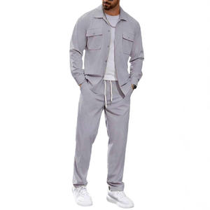 European American Unisex Casual Sports Two-piece Set Simple Button Pocket Lapel <b>Jacket</b> <b>Straight</b>-leg Pants Suit 100% Cotton - Product Image 4