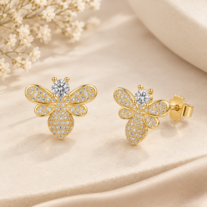 14K Yellow Gold Vermeil Moissanite Honey <b>Bee</b> Stud Earrings Round Shape Diamond Proposal <b>Gift</b> Earrings - Product Image 1