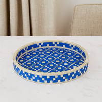 Plateau de service décoratif en incrustation d'os bleu rond fait à la main Style marocain centre de table Ramadan Eid cadeau décor à la maison