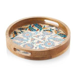 French Country Style Scalloped Wooden Platter Mint Floral Enamel Snack <b>Tray</b> Matching <b>Small</b> Dipping Bowl Set - Product Image 2