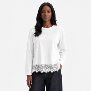 Custom Trendy White Lace Hem Long Sleeve Cotton Tee Women's Shirts Crewneck Loose Fit Casual Fashion T-Shirt Plus Size Blouses - Product Image 1