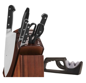 Ensemble de couteaux de cuisine noirs et argentés avec bloc en bois brun foncé, ciseaux, aiguiseur et affûteur manuel pour la préparation et la découpe des aliments - Product Image 4