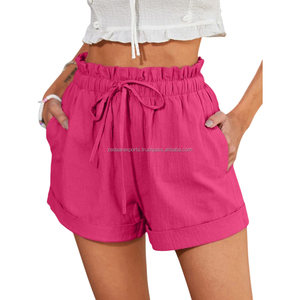 Navy Blue Women's <b>Linen</b> Shorts with Drawstring Soft <b>Cotton</b> <b>Fabric</b> Tailored Look - Product Image 3