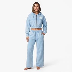 Fabricante de Ropa al por Mayor: Conjunto de Top Corto con Cremallera Completa y Cordón Ajustable con Lavado Ácido y Pantalones Jogger de Pierna Ancha para Mujer, con Logotipo Personalizado - Product Image 1