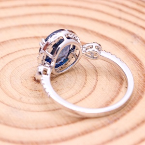 Wholesale 18K Solid <b>White</b> Gold Natural Oval Blue <b>Sapphire</b> Diamond Halo Teardrop Accent <b>Ring</b> Memoria Jewels - Product Image 3